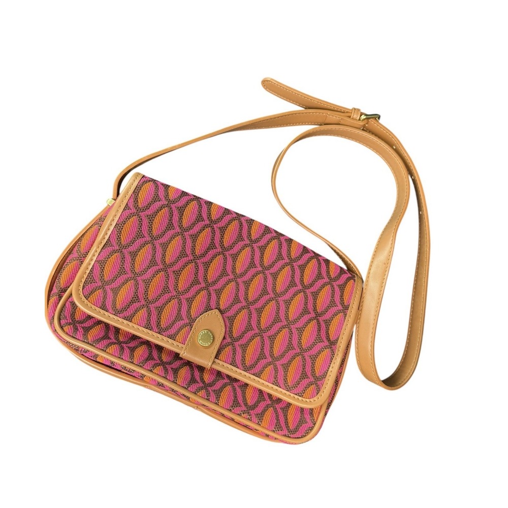 Boden Pink Orange Geometric Crossbody Bag Jacquard Fabric Tan Trim Adjustable